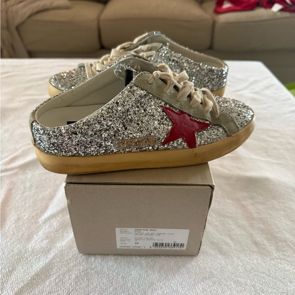 Golden Goose Shoes - Golden Goose Silver Glitter Sneakers with Red Star